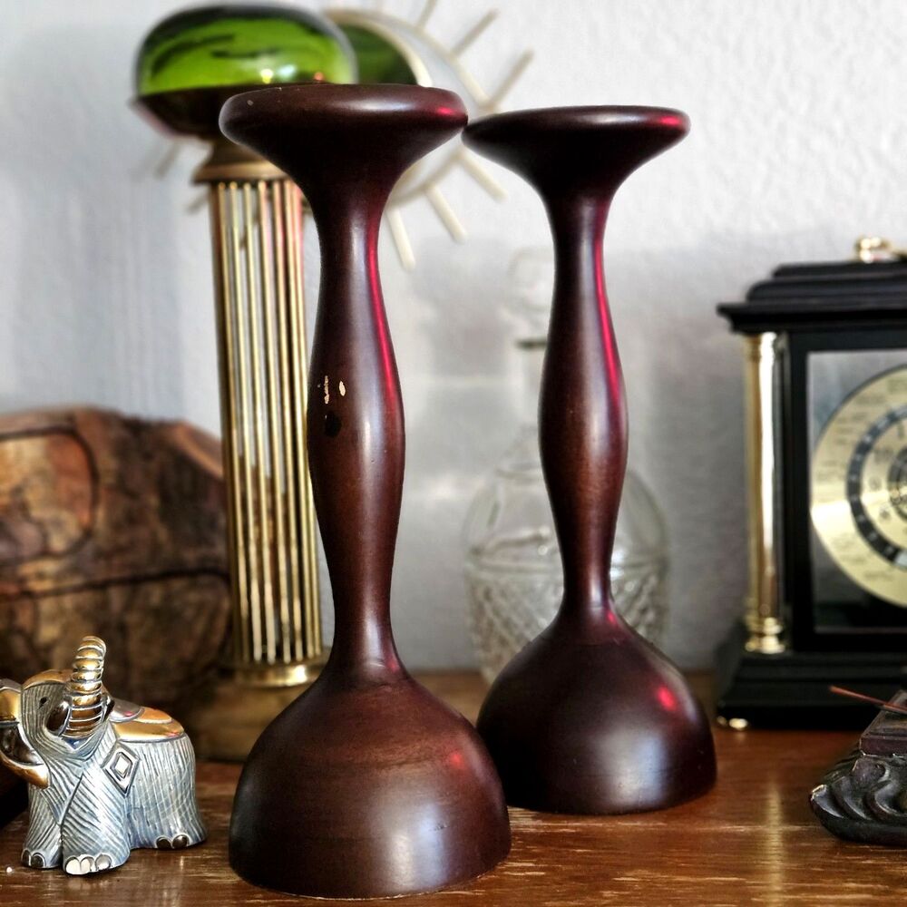 Vtg Tall Candle Holders Turned Dark Wood Set of 2 Felted Base Bohemia Candelabra - Picture 4 of 12